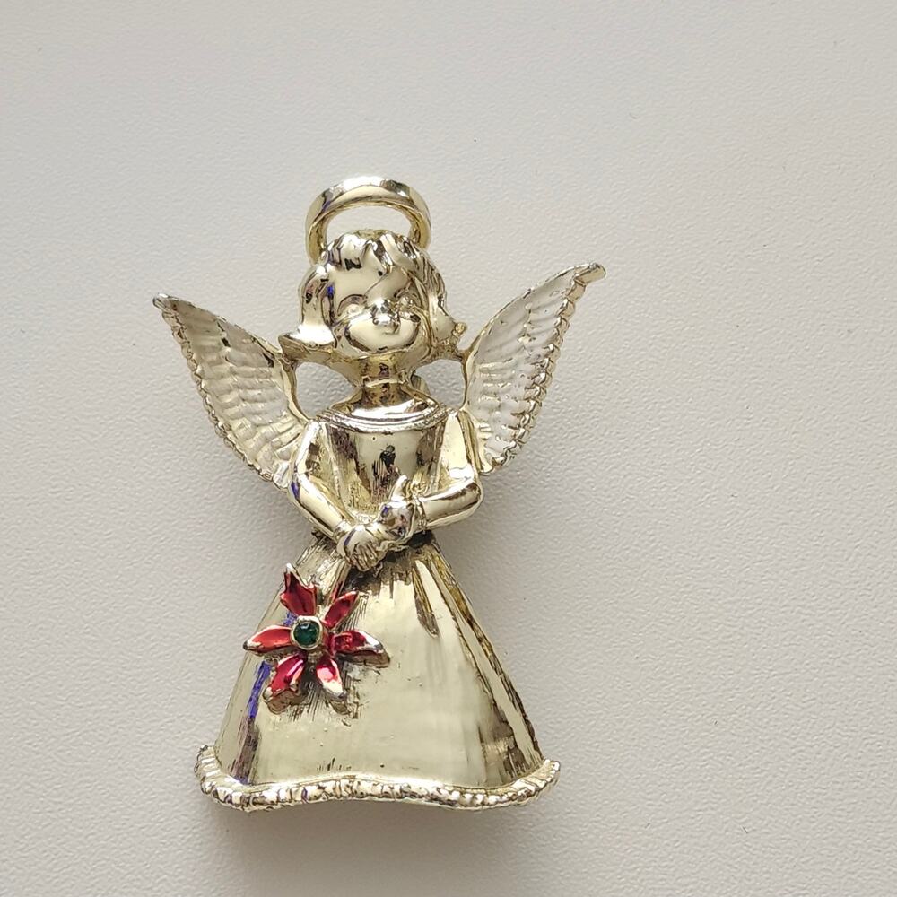 Vintage Gerrys Signed Christmas Angel Poinsettia Brooch Gold Tone Enamel Pin